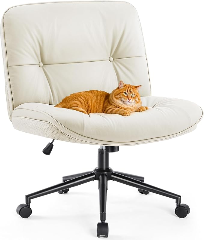 Sweetcrispy Criss Cross Chair with Wheels, Wide Seat PU Leather Armless Office Desk Vanity Chair, Comfortable Adjustable Swivel Computer Task Chairs for Bedroom, Small Space Make Up, Light Beige