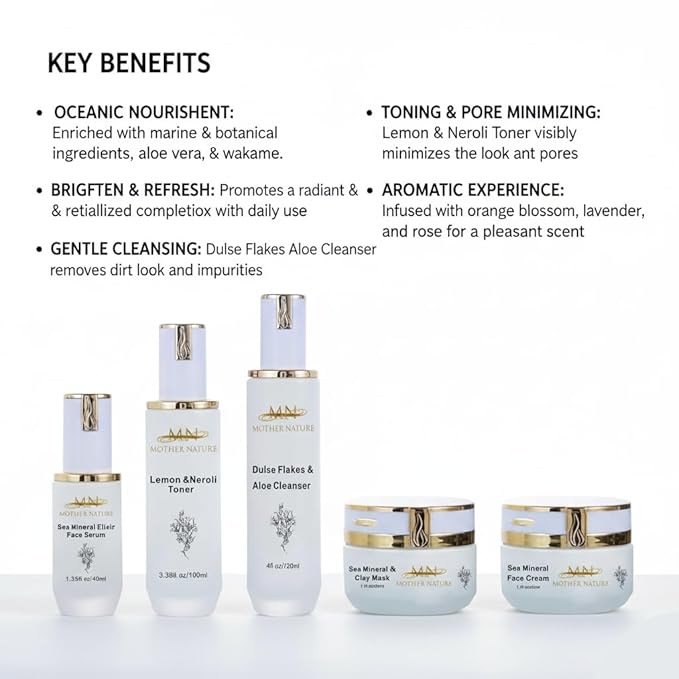 MN Mother Nature Sea Mineral 5-Piece Skincare Set – Dulse Aloe Cleanser, Lemon Neroli Toner, Elixir Serum, Clay Mask & Face Cream – Seaweed & Wakame for Renewed, Hydrated, and Brightened Skin