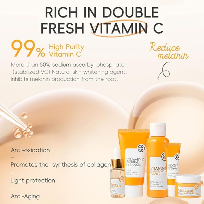 Vitamin C Face Skin Care Set For Women Teen Girls,5 Pcs Vitamin C Women Beauty Gift Set with Cleanser, Toner, Serum, Eye Cream and Face Cream,Travel Size Facial Skin Care Routine Kit