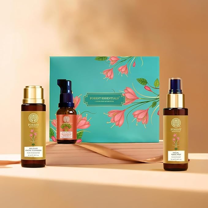 Forest-Essential's Skincare Morning Ritual Mini Gift Set, Face Wash, Toner, Sunscreen, 3 Pieces