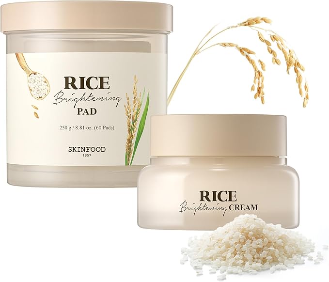 SKINFOOD Rice Daily Brightening Skincare Set – Korean Face Toner Pads & Hydrating Cream for Glowing Glass Skin, Natural Fermented Rice Water, Gentle Exfoliation & Deep Moisture, Vegan K-Beauty Duo