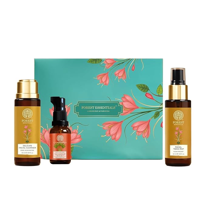 Forest-Essential's Skincare Morning Ritual Mini Gift Set, Face Wash, Toner, Sunscreen, 3 Pieces