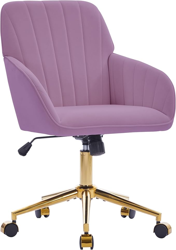 Velvet Home Office Desk Chair, Modern Cute Computer Task Chair with Back, Height Adjustable Upholstered Vanity Chair with Swivel Wheels for Women, Girls (Gold Base, Light Purple