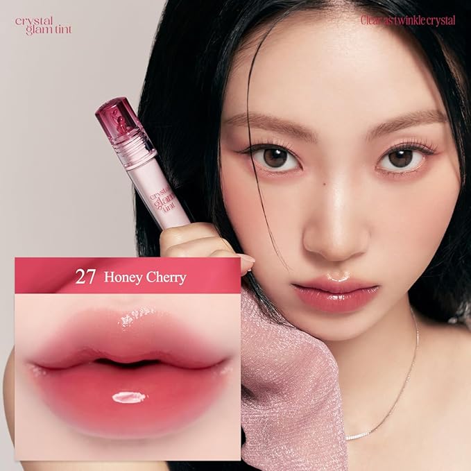 CLIO Crystal Glam Tint, Glossy Lip Tint with Glass-Like Shine, Lightweight Buildable Lip Stain, Long-Lasting Color, Non-Sticky, Rose Extract, Korean Lip Tint (27 HONEY CHERRY)