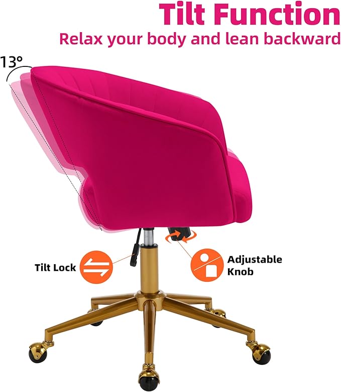 Westice Home Office Desk Chairs, Modern Velvet Rolling Chair, Height Adjustable Swivel Vanity Chair with Golden Base, Ergonomic Chair for Vanity Study, Living Room Computer Room, Hot Pink
