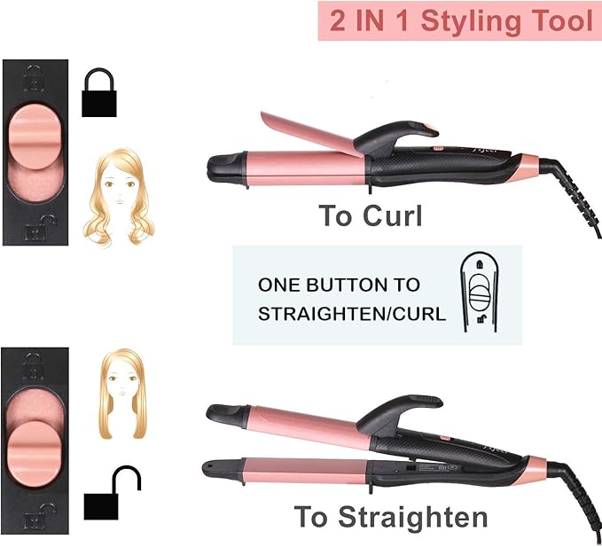 2 in 1 Travel Curling Flat Iron Dual Voltage Mini Hair Straightener and Curler (Rose Gold)
