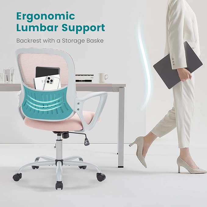 DUMOS Home Office Chair, Mid Back Computer Ergonomic Mesh Desk with Large Seat, Executive Height Adjustable Swivel Task with Lumbar Support and Armrest, for Adults, Pink