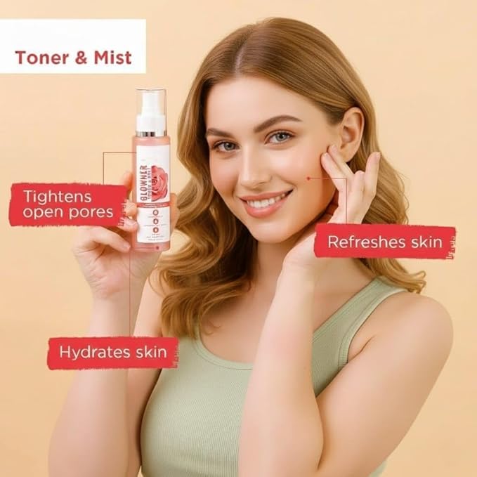 Organic Glowner Face Toner Face Mist, Alcohol Free, Rose Water 100ml Pore Minimizing Tightening Natural Toner Spray for Glowing Skin - All Skin Types