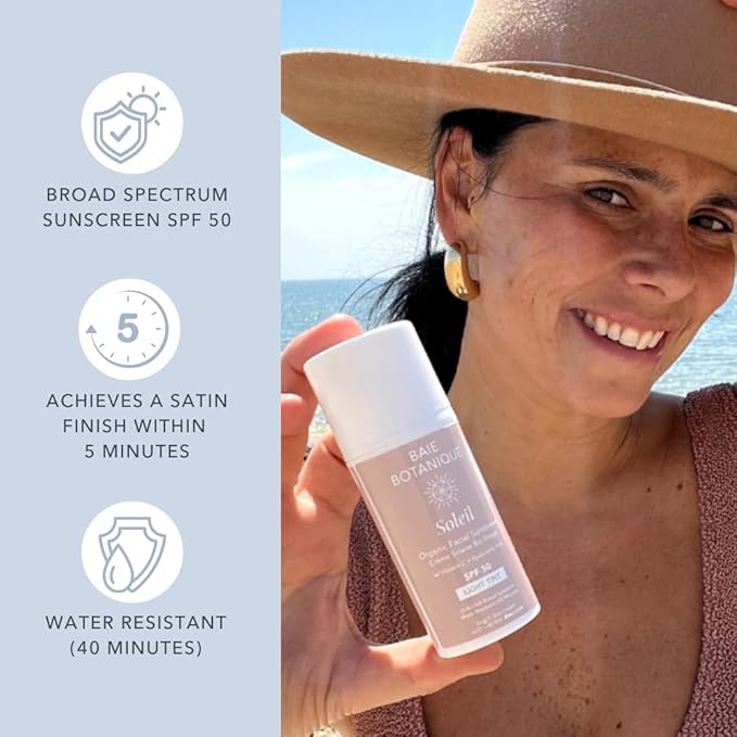 NEW SIZE - Baie Botanique Soleil Organic Facial Sunscreen SPF 50 - Chemical Filter Free Hyaluronic Acid & Vitamin C Sunscreen for Face Natural Vegan No White Cast Non Toxic UVA/UVB - Light Tint 70g
