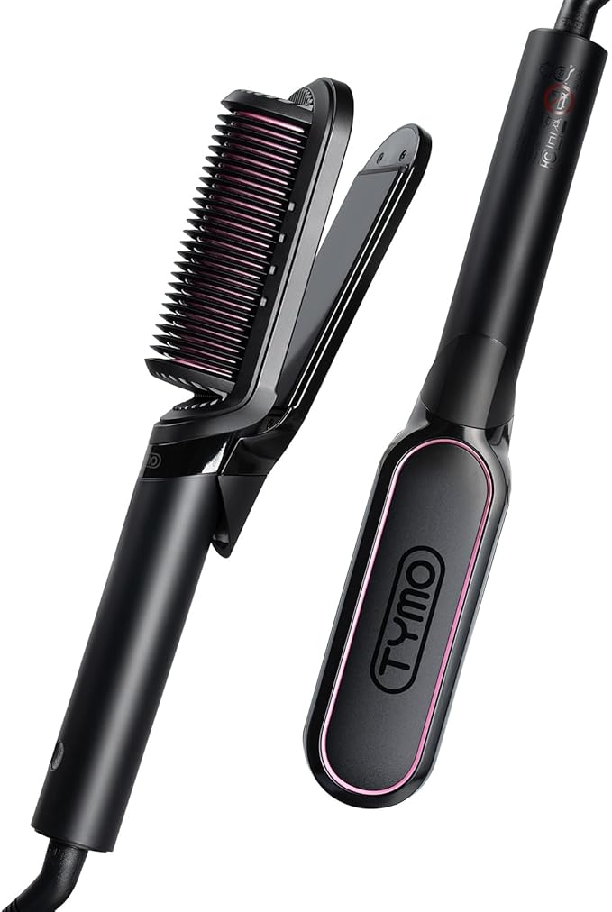 TYMO Flat Iron Hair Straightener Brush 2 in 1, 200M Ions Hair Straighteners for Women, Ceramic Dual Voltage Straightening Hot Comb for Anti-Frizz Straights, Waves, Curl, 3X Less Heat Damage, Black