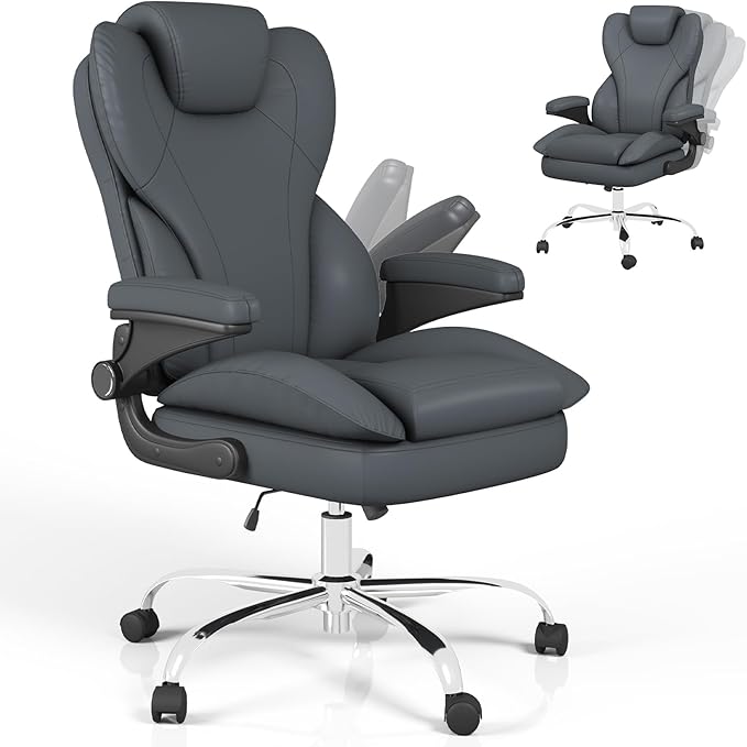 Hovos Office Chair, Ergonomic Big and Tall Desk Leather Chair with Padded Flip-up Arms, Adjustable Tilt Lock, Heavy Duty Swivel Rolling Computer Chair for Home Office, Grey
