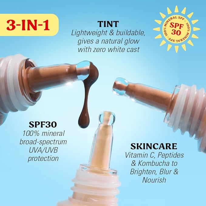 Revolution Superdewy SPF 30 Skin Tint, Tinted Mineral Face Foundation, Buildable Coverage for Facial Glow, 12% Zinc Oxide, Vegan & Cruelty-Free, Dark Neutral Warm