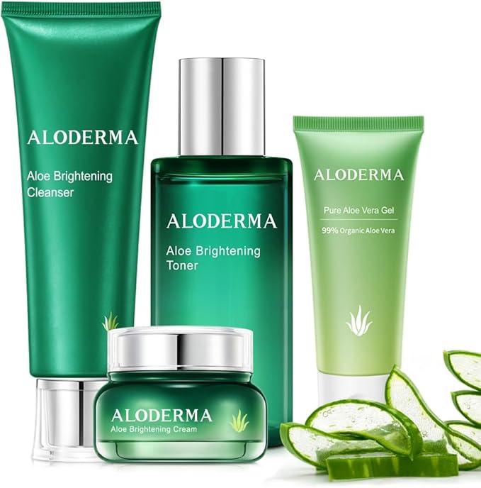 Aloderma Essential Aloe Brightening Skin Care Set - 5 Pieces - Gel, Cleanser, Toner x2pcs, Cream