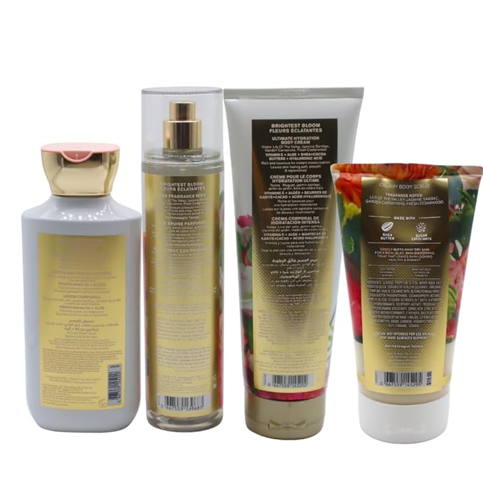 Bath & Body Works BRIGHTEST BLOOM Body Wash, Mist, Body Cream & Body Scrub 4-piece Gift Set with a Red Bow for Holidays – Full Size