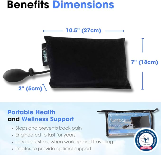 Innotech LumbAIRPlus – Premium Portable Inflatable Lumbar Support Cushion with Enhanced Adjustable Air System for Customized Comfort, Black