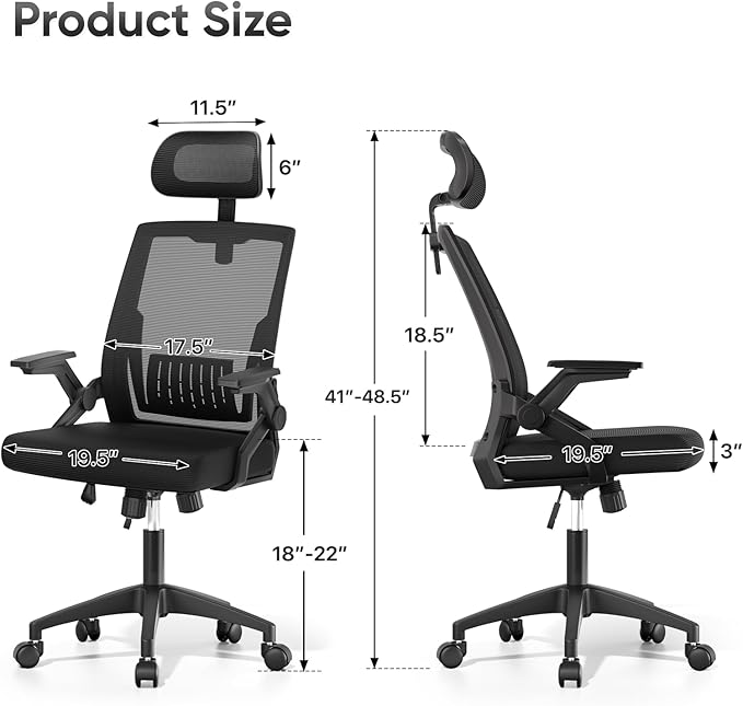 Ergonomic Office Chair, High Back Home Desk Chair & Thickness Seat, Flip-Up Armrest, 135° Reclining Tilt Lock, Mesh Back Office Chairs for Man Woman
