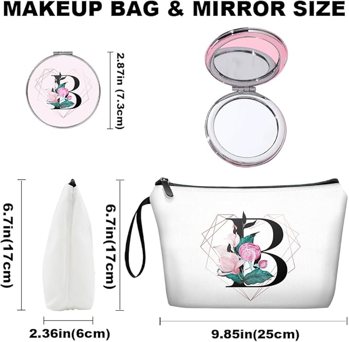 Personalized Initial B floral Makeup Bag set with Mirror for Women,White Ietter Bride Bridesmaid travel Cosmetic bag kit with10 pieces pink brush set,Initial Gifts for Girls Mom femal Friends