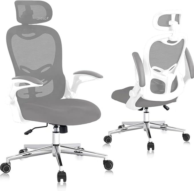 Office Chair, Ergonomic Breathable Mesh Chair,Flip-Up Arms and Adjustable High Back Lumbar Support,Comfy Computer Chair for Home Office (Grey, 407)