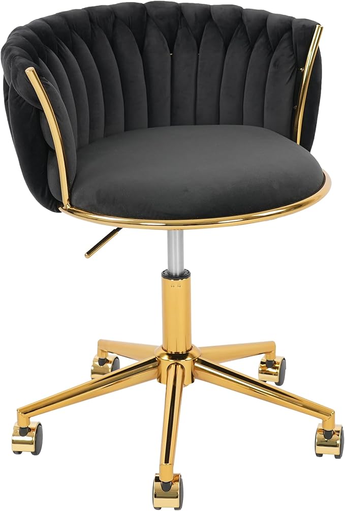 Velvet Woven Home Office Chair, Modern Swivel Desk Chair with Wheels, Height Adjustable Vanity Chair with Gold Metal Base and Hand Weaving Back for Bedroom Study Small Space, Black