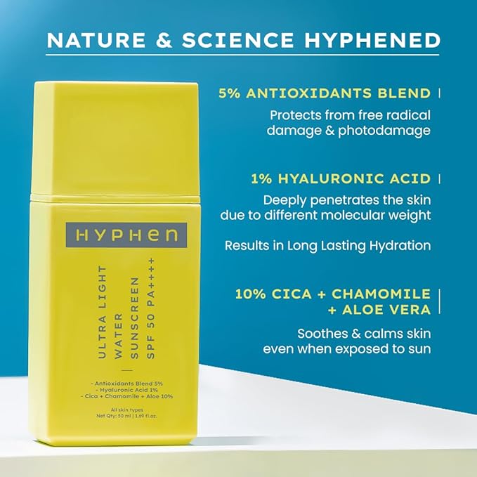 Hyphen All Skin 1% Hyaluronic Ultra Light Water Sunscreen Spf 50 Pa ++++|Broad Spectrum&Blue Light Protection|No White Cast|5% Antioxidants Niacinamide Vitamin E|Korean Sun Cream For Men Women|50Ml