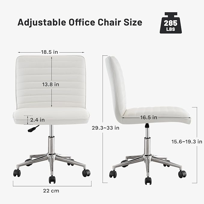PU Leather Armless Office Chair - 360° Swivel Computer Desk Chair with Adjustable Height & Comfy Chrome Legs, Ivory White - Perfect for Home Office, Bedroom, Living Room & Vanity, Ivory White