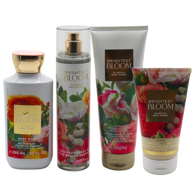 Bath & Body Works BRIGHTEST BLOOM Body Wash, Mist, Body Cream & Body Scrub 4-piece Gift Set with a Red Bow for Holidays – Full Size