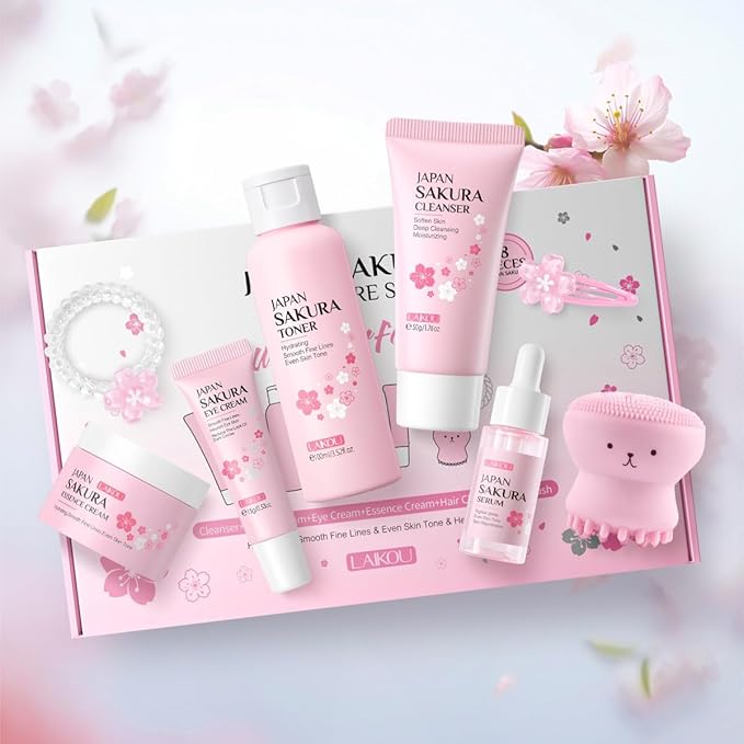 1 Pack Skin Care Set, Containing Facial Cleanser + Toner + Serum + Eye Cream+ Essence Cream+ Hair Clip + Facial Cleansing Brush + Hair Tie