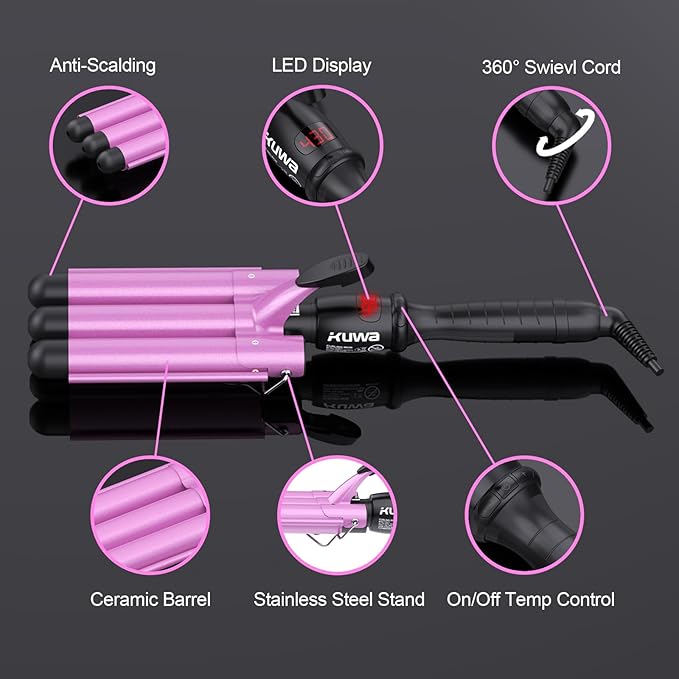 kuwa 15 Variable Temperature Crimper Hair Tool,3 Barrel Curling Iron,Hair Crimper for Women,WaverHair Tool,Hair Waver with LCD Temperature Display