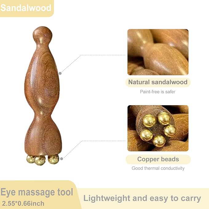 2Pcs Facial Massage Tool for Eye Massage Reduce Puffiness and Dark Circles Facial Meridian Brush Sandalwood Handle Copper Massage Beads Chinese SPA Gua Sha Tool (Sandalwood)