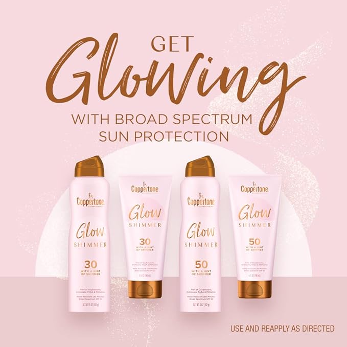 Coppertone Glow Shimmer Sunscreen Spray SPF 30, Water Resistant Broad Spectrum SPF 30 Spray Sunscreen, Free From Parabens, PABA, Phthalates, Octinoxate and Oxybenzone, 5 Oz Bottle, Pack of 2
