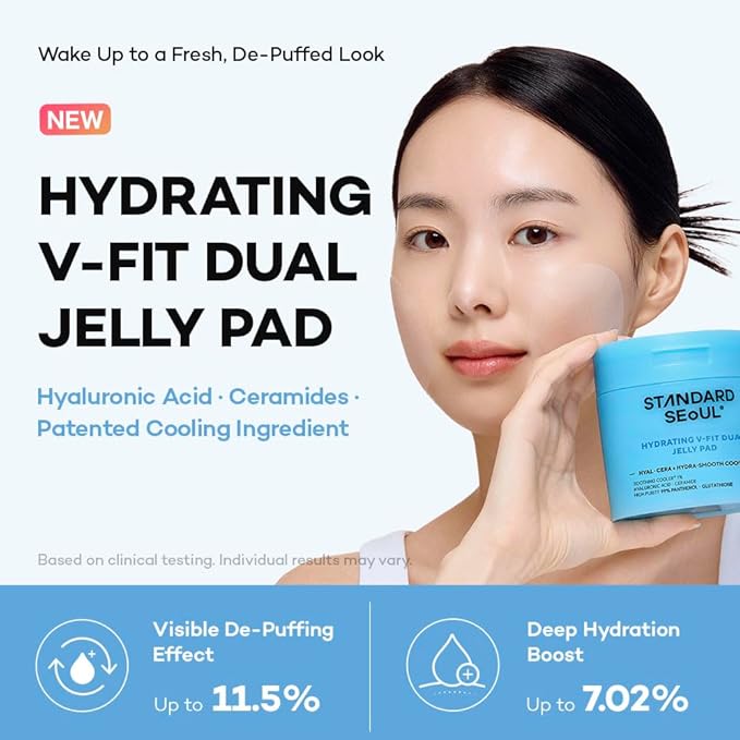 Hydrating V-Fit Dual Jelly Toner Pads, Deep Hydration & De-Puffing, Dual-Sided Cooling 2-in-1 Toner Pack and Wipe Pads with Hyaluronic Acid, Ceramides and Panthenol, 60 Pads
