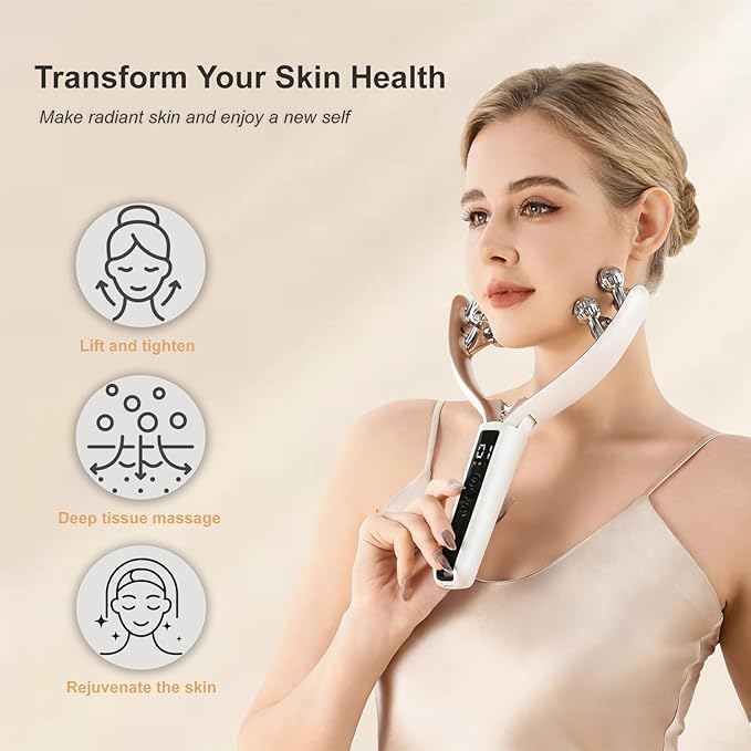 Facial Massager with 3D Roller,Lymphatic Drainage Tool for Face,Arm,Leg and Neck massage - Lymphatic Contour Face Brush Lift & Double Chin Reducer (Pearl white)