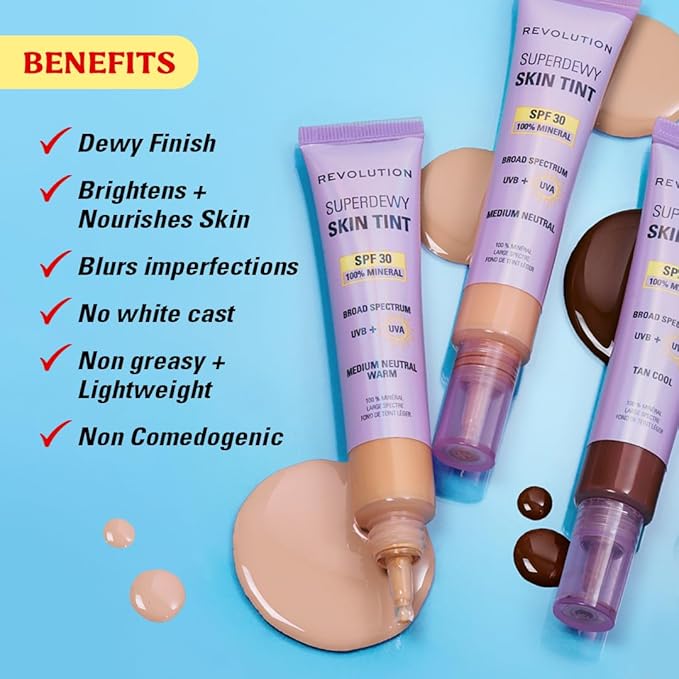 Revolution Superdewy SPF 30 Skin Tint, Tinted Mineral Face Foundation, Buildable Coverage for Facial Glow, 12% Zinc Oxide, Vegan & Cruelty-Free, Medium Tan Neutral