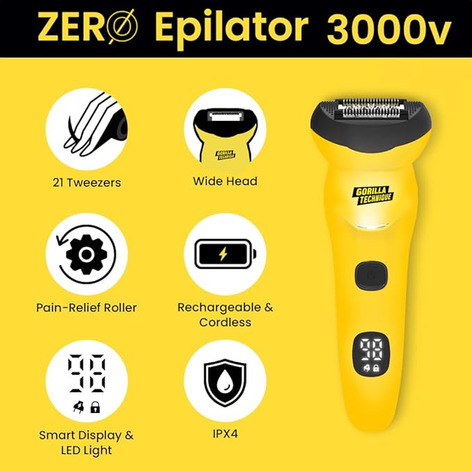 Gorilla Technique Epilator 3000V, Body Hair Removal Device, Pain Relief Roller, Cordless Rechargeable Electric Tweezers for Women & Men, Triple Tweezers, 8000RPM, Korean Skin Care - 3000V