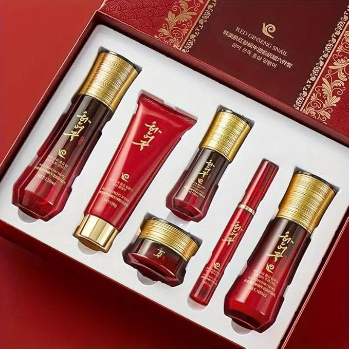 Red Ginseng Snail Skincare Set for Women & Men, 6-Piece Anti-Aging Facial Care Kit with Toner, Emulsion, Essence, Cleanser, Face Cream & Eye Serum – Daily Hydrating Gift Set