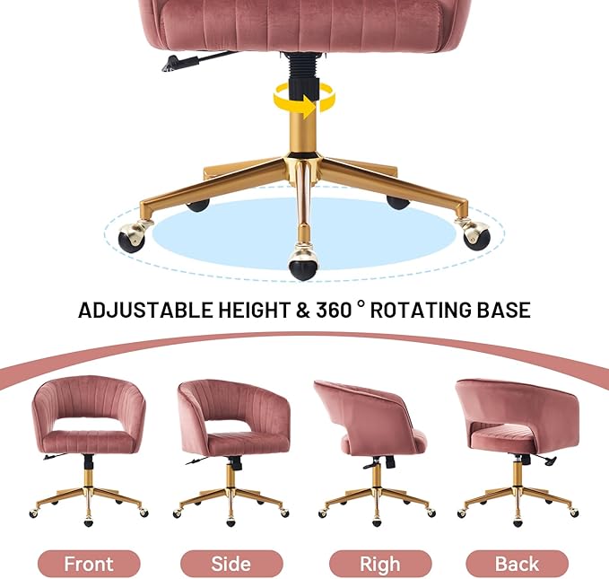 Vanity Chair with Back 360 Swivel Armchair and Gold Base, Criss Cross Chair with Wheels for Vanity Home Office, Living Room, Bedroom and Study (Pink)