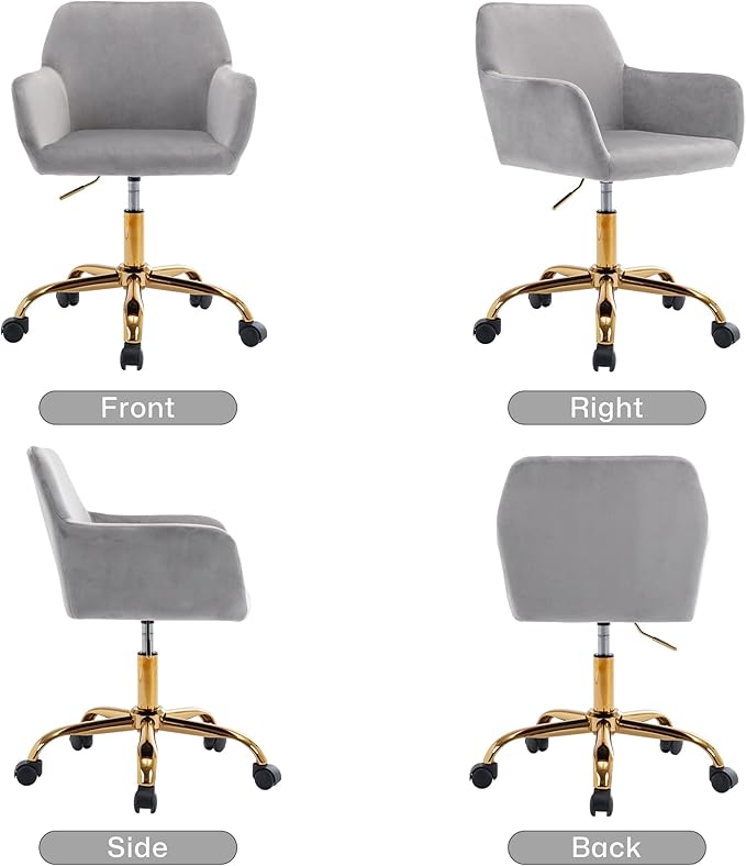KCC Velvet Office Desk Chair, Comfy Swivel Modern Leisure Armchair with Wheels, Upholstered Comfy Velvet Fabric Makeup Chair Height Adjustable for Teens Women Girls Elegant Home Office, Gray