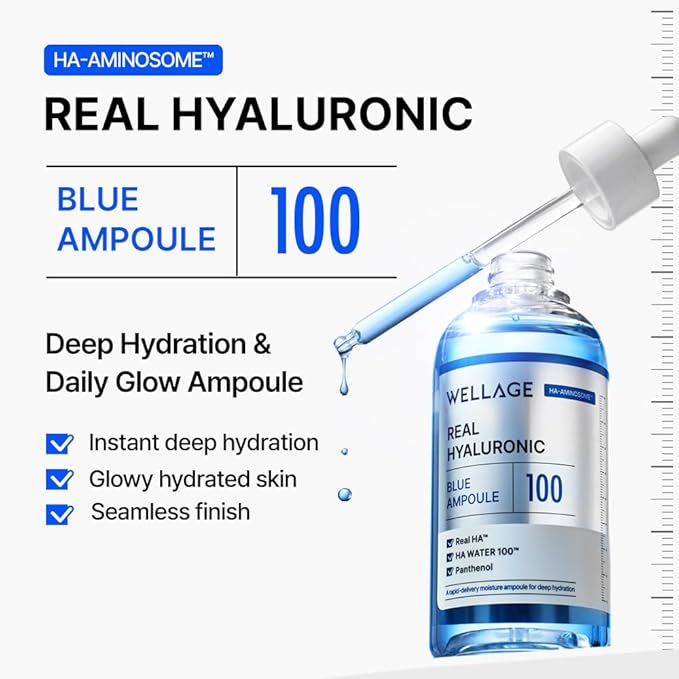 WELLAGE Real Hyaluronic Blue Ampoule 100, Korean Skincare, Fragrance Free Hyaluronic Acid Serum with Panthenol, Wild yam, Centella, Deep Hydration, Firming, Plumping, Non-Sticky, 3.38+2.54 Fl Oz