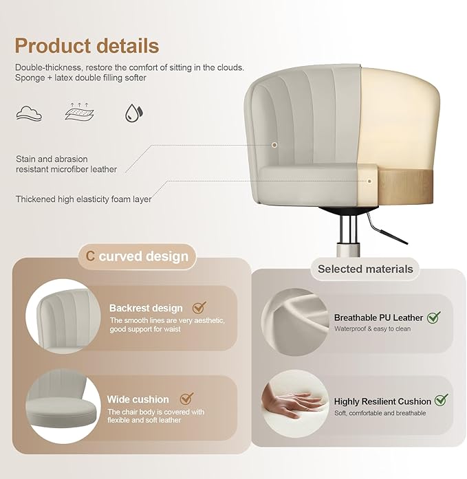 Small Desk Chair Round Rolling Chair with Back PU Leather Height Adjustable Swivel Vanity Work Computer Stool Chair for Home Office Bedroom, Set of 2