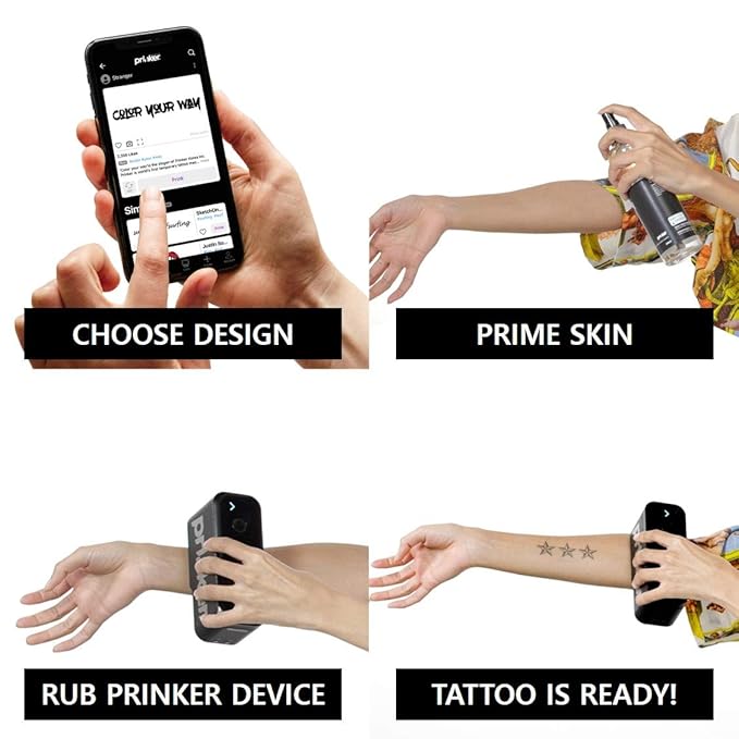 Prinker S Black Temporary Tattoo Printer, Custom Tattoos in Seconds, Water-Resistant and Soap-Washable, Android & iOS Compatible, Ink Included