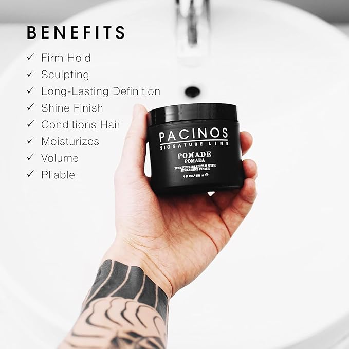 Pacinos Pomade - Flexible Hold, Frizz Control - High Shine Pomade for All Hair Types - 4oz