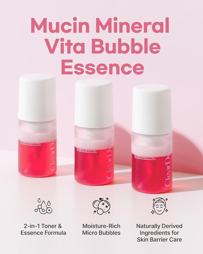 Mucin Mineral Vita Bubble First Essence with Micro-Bubble Formula and 2-in-1 Toner Serum, K Beauty for Glass Skin, 2.03 Fl Oz – Hydrating Firming, Valentine's Gifts