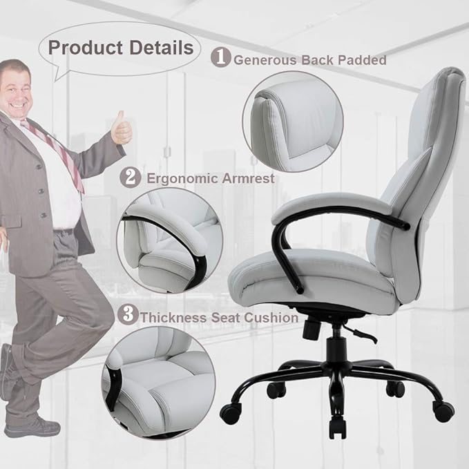 Office Chair 500lbs Wide Seat Ergonomic Desk Chair PU Leather Computer Chair Task High Back Executive Chair with Lumbar Support Armrest Adjustable Chair for Heavy People, White