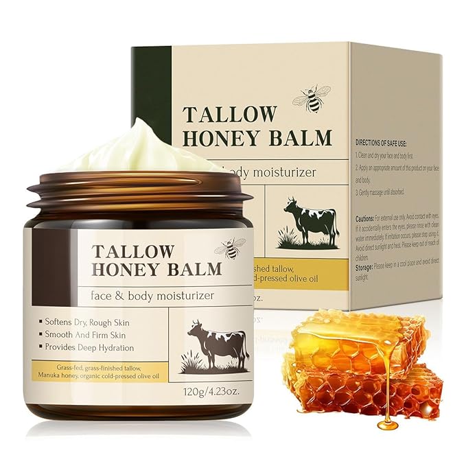 Beef Tallow Balm Skincare for Women,Moisturizer Tallow and Honey Cream for Face & Body,Deeply Hydrating Beef Tallow Skin care for All the Skin Type,White(120g/4.23 Oz)