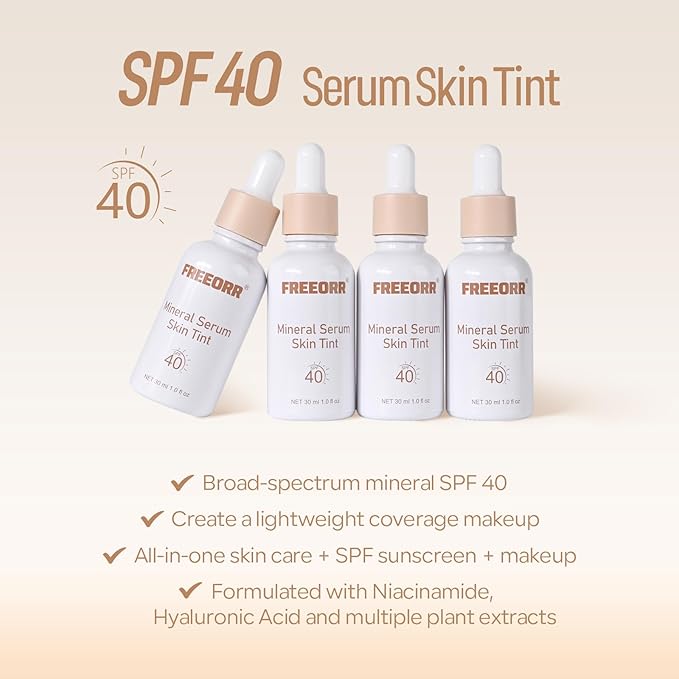 Skin Tint with SPF 40,24HR Tinted Mineral Sunscreen Serum with Zinc Oxide,Multi-use Tinted SPF Serum Foundation,Long Lasting Full Coverage Buildable Foundation-Light Beige, 1 Fl Oz