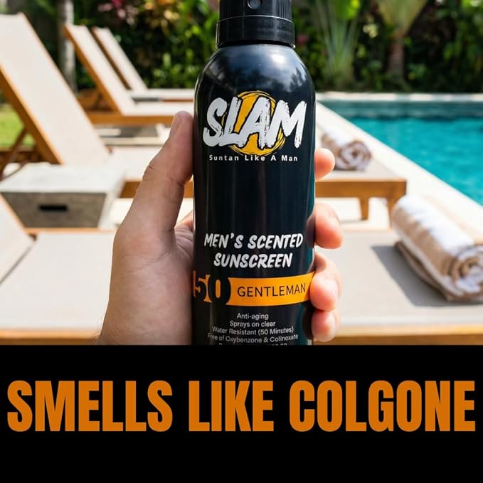 SLAM BeachMan Men's Scented Sunscreen Spray – Broad Spectrum SPF 50, Water & Sweat Resistant, Mens Sunblock, UVA/UVB Protection – Cedarwood Scented Sunblock for Body (SPF 50)