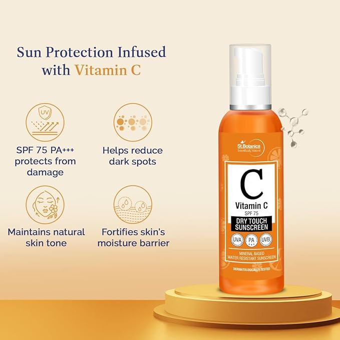 StBotanica Vitamin C SPF 75 Dry Touch Sunscreen UVA/UVB PA+++, 120ml - Mineral Based & Water Resistant