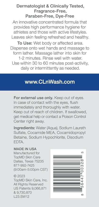 CLn® SportWash – High-Performance Sport Body Wash, For Men & Women Prone to Body Odor, Foot Odor, Ringworm, Folliculitis, & Back Acne, Fragrance-Free & Paraben-Free, 12 fl. oz. (Pack of 2)