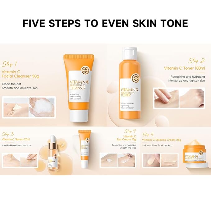 Vitamin C Face Skin Care Set For Women Teen Girls,5 Pcs Vitamin C Women Beauty Gift Set with Cleanser, Toner, Serum, Eye Cream and Face Cream,Travel Size Facial Skin Care Routine Kit
