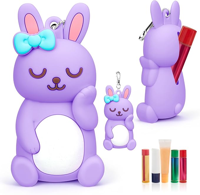 BrainKer Chapstick Holder Key Chain Cute Cartoon Design Lip Balm Holder Keychain Storage Bag Silicone Lip Gloss Holder Case